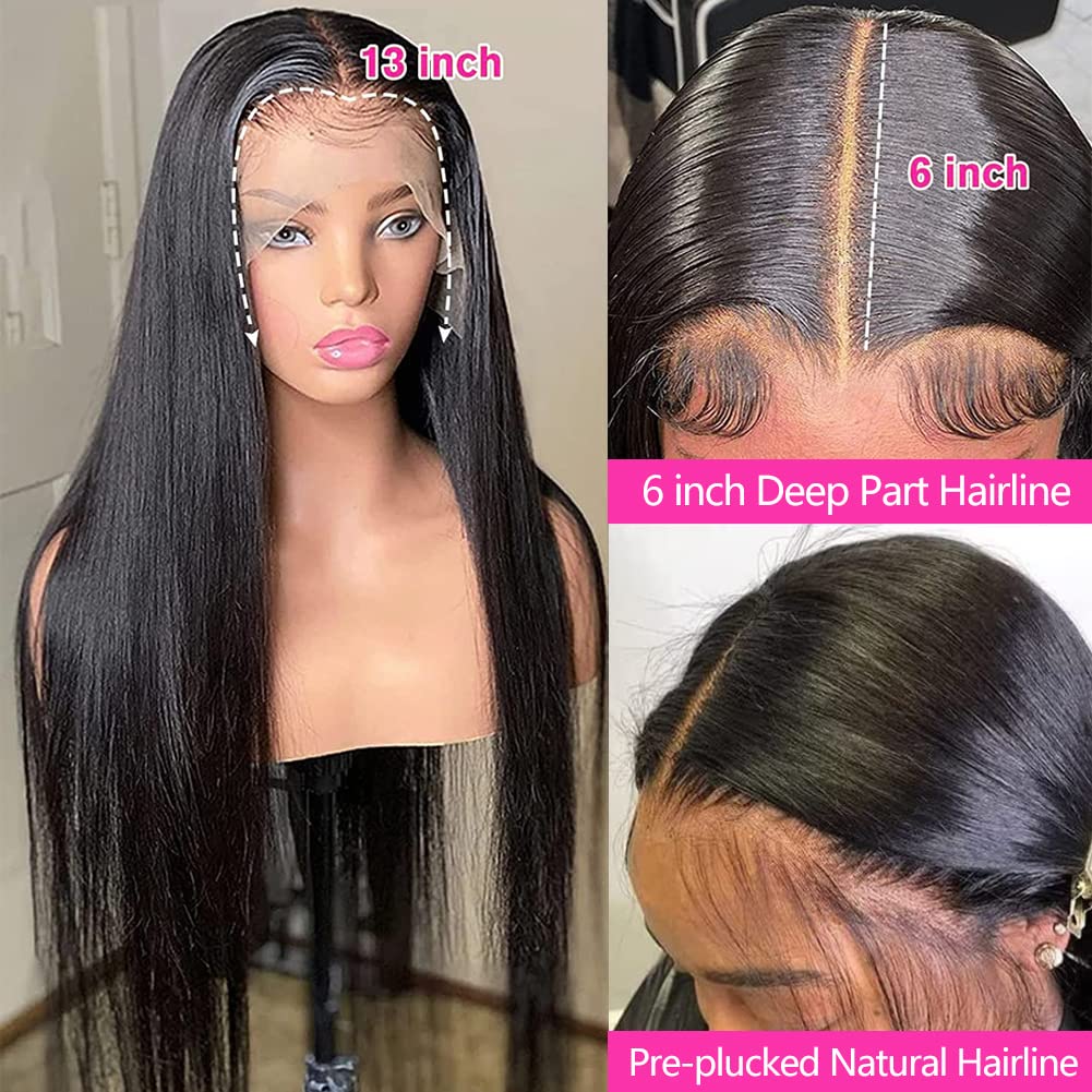 tobasew 13x6 Straight Lace Front Wigs Human Hair 200 Density HD Transparent Lace Frontal Human Hair Wigs for Women Glueless Wig Pre Plucked 28 Inch